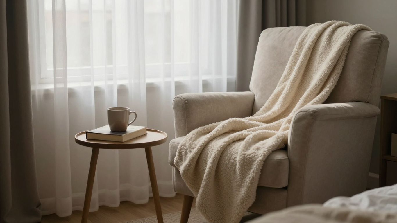 Cozy postpartum sanctuary with armchair, blanket, and warm mug.