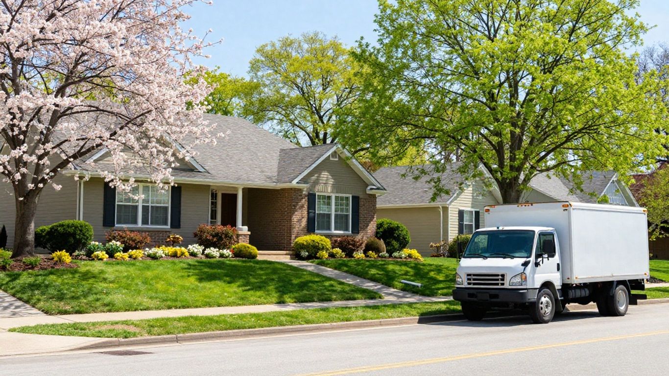 Spring services contractor truck on suburban street with flowers.
