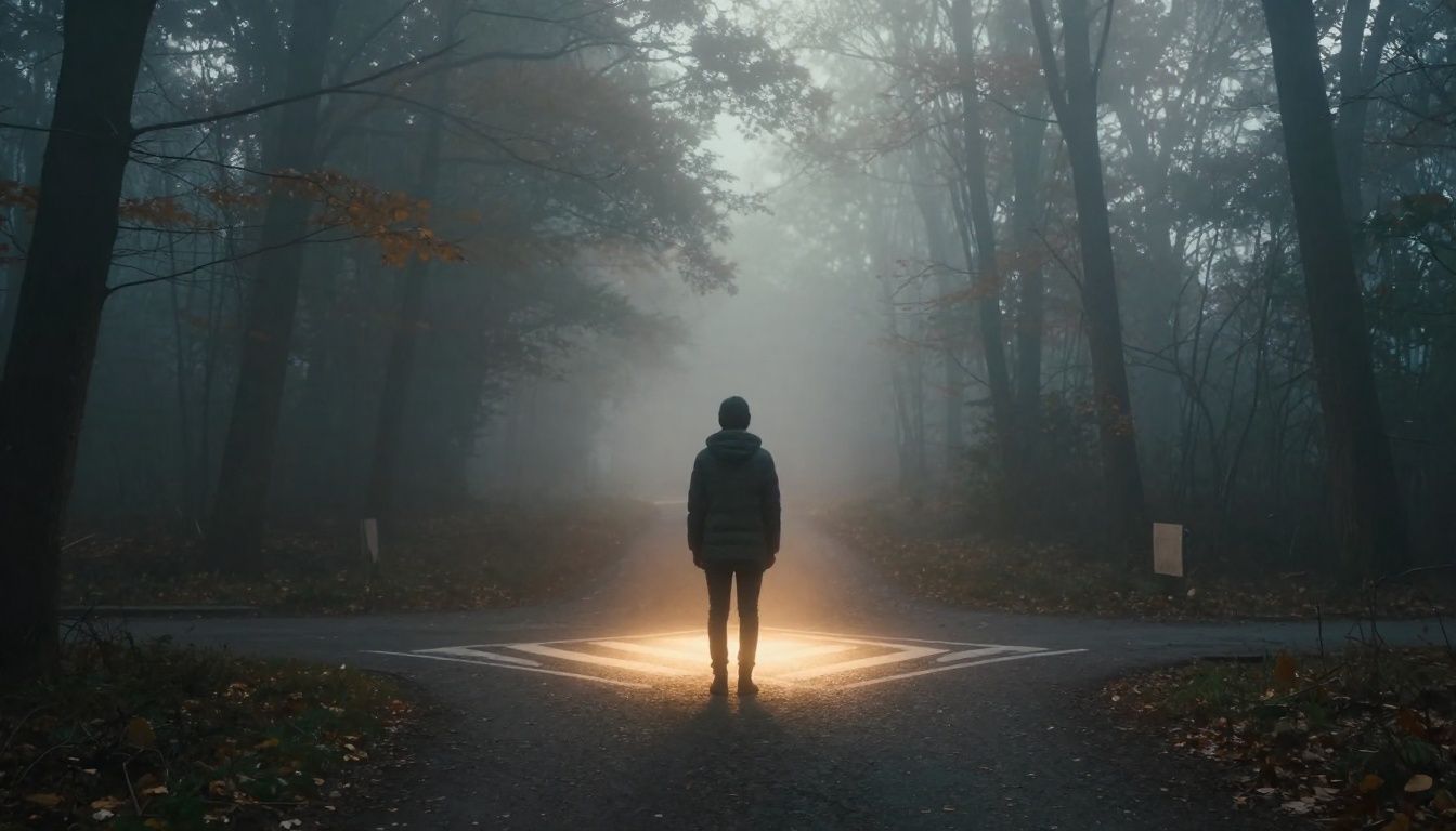 A person stands at a crossroads in a misty forest, with one path shrouded in fog and the other illuminated by a gentle, warm light breaking through the trees.