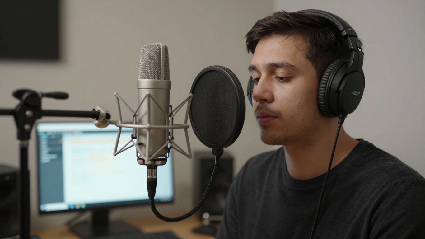 Home vocal recording setup with microphone and headphones.