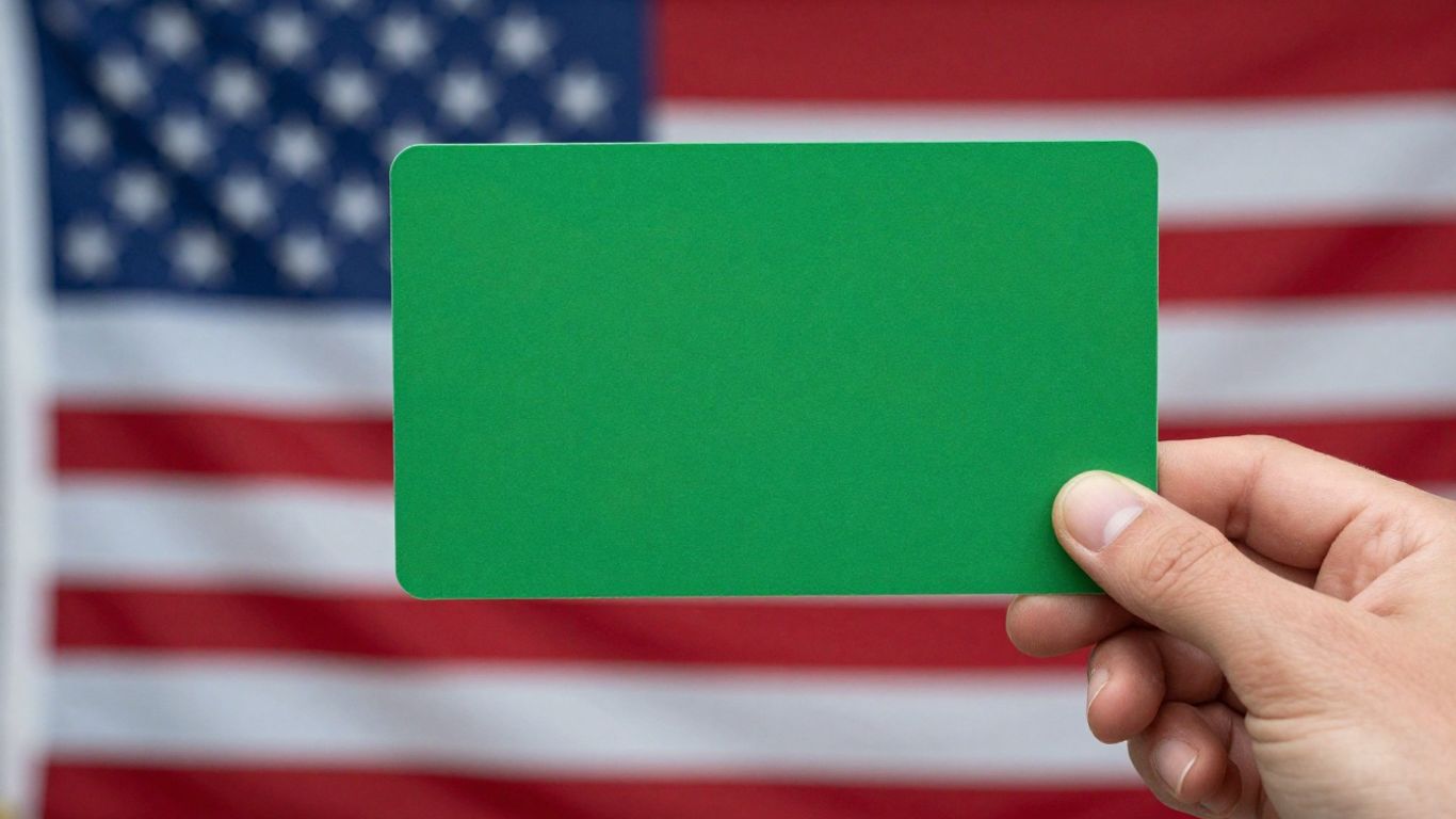Mano sosteniendo una tarjeta verde con bandera de EE. UU.