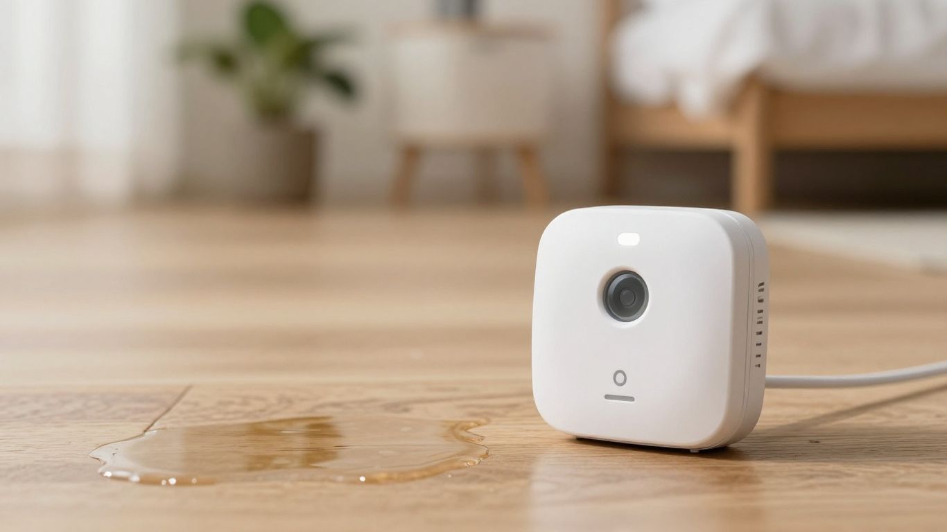 Smart water leak detector near water in an Airbnb.