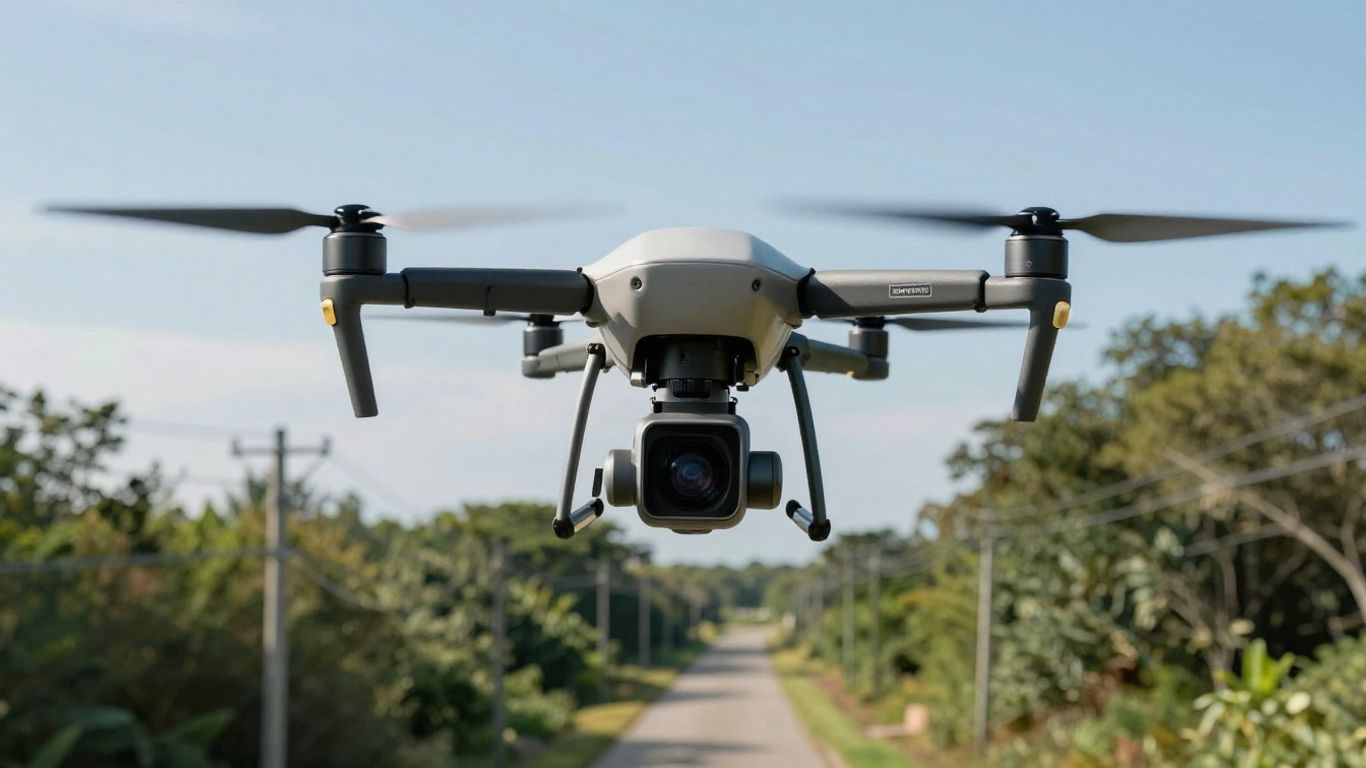 Drone mapping utility power line corridor from above.