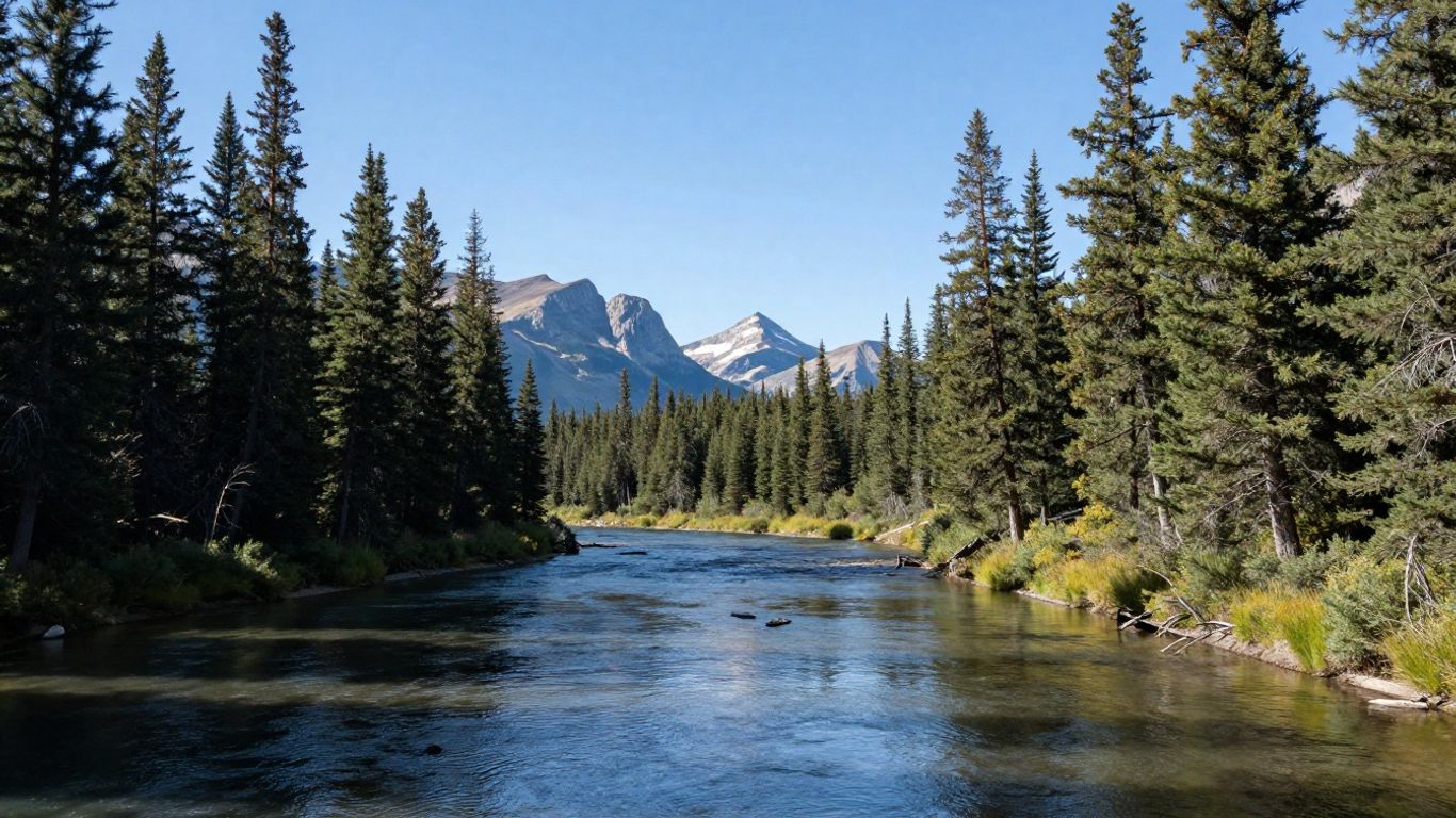 Snaring River Campground beside a calm river with mountains.
