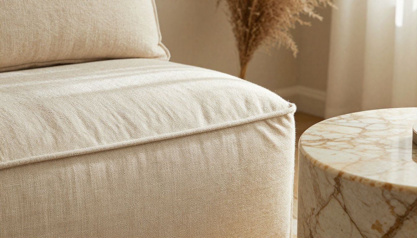 Close-up of luxury linen fabric and travertine marble surface.