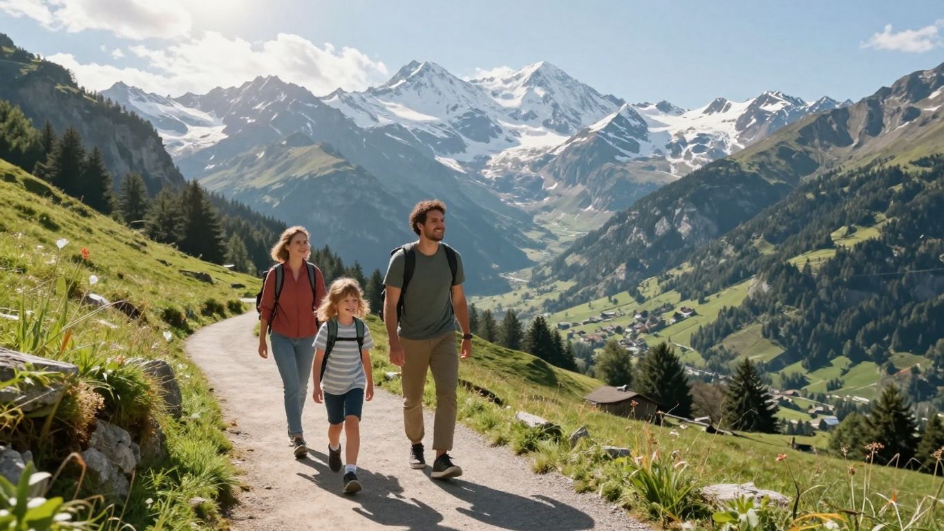 Familie wandert auf Bergpfad in den Schweizer Alpen