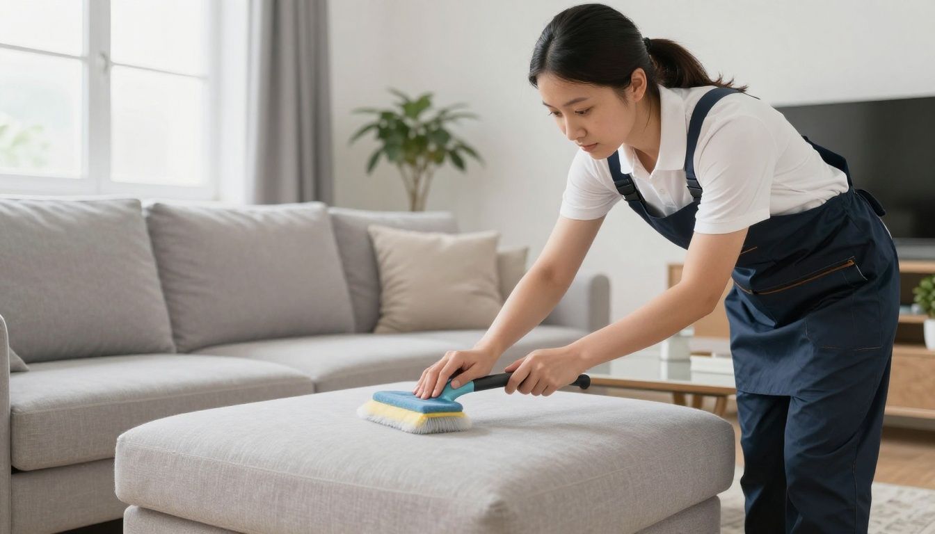 A clean and modern suburban living room being carefully dusted by a professional cleaner.