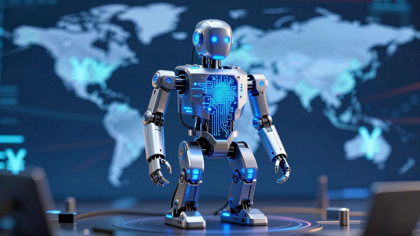 AI robot trading in front of currency symbols.