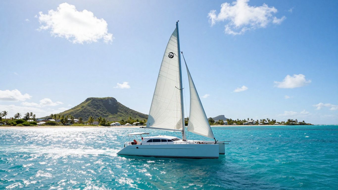 Catamaran sailing in clear turquoise waters near Nassau.