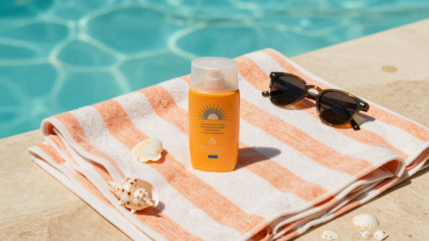 Retro sunscreen packaging beside summer accessories