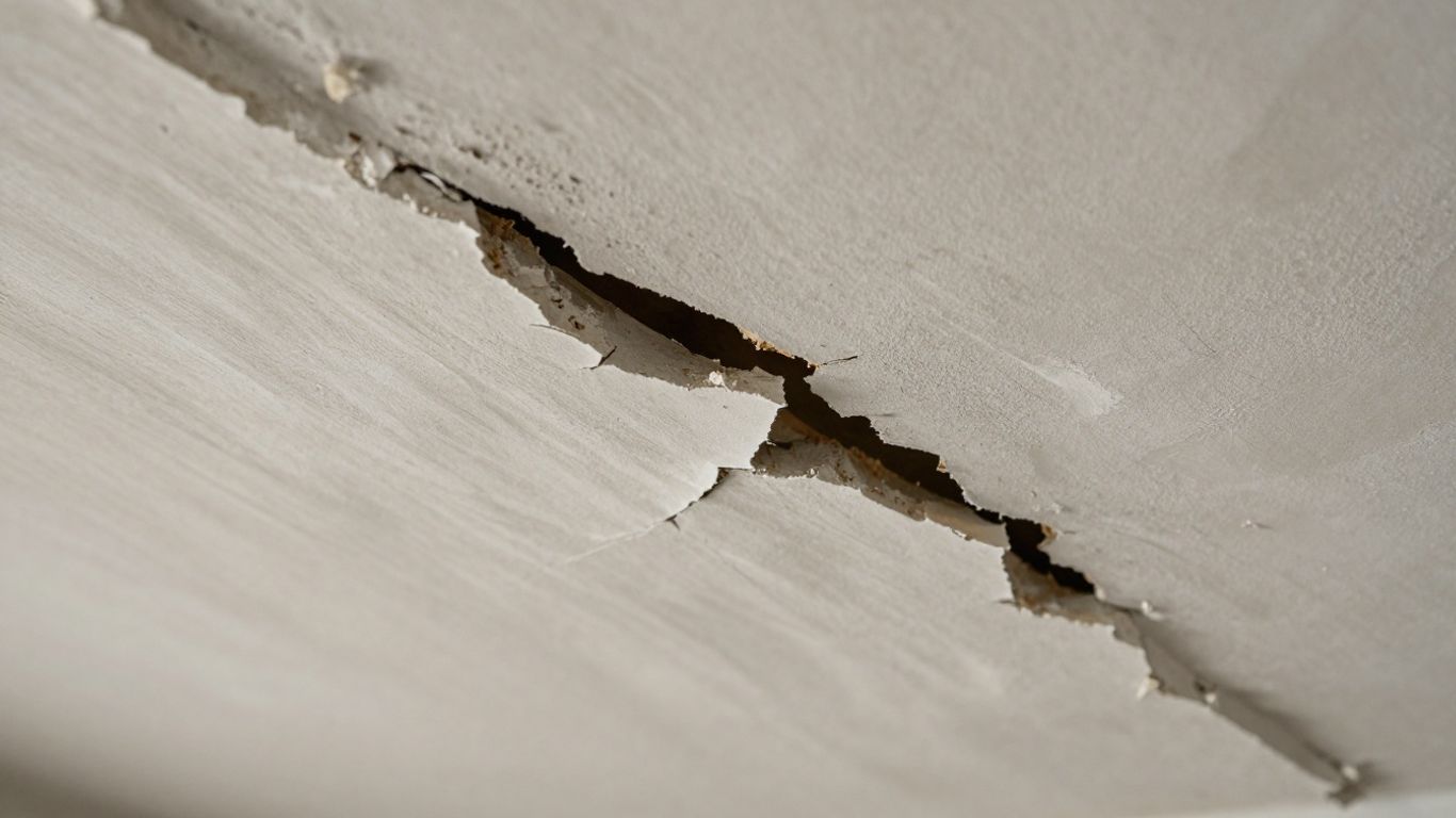 Cracked and sagging plaster ceiling in an old house.