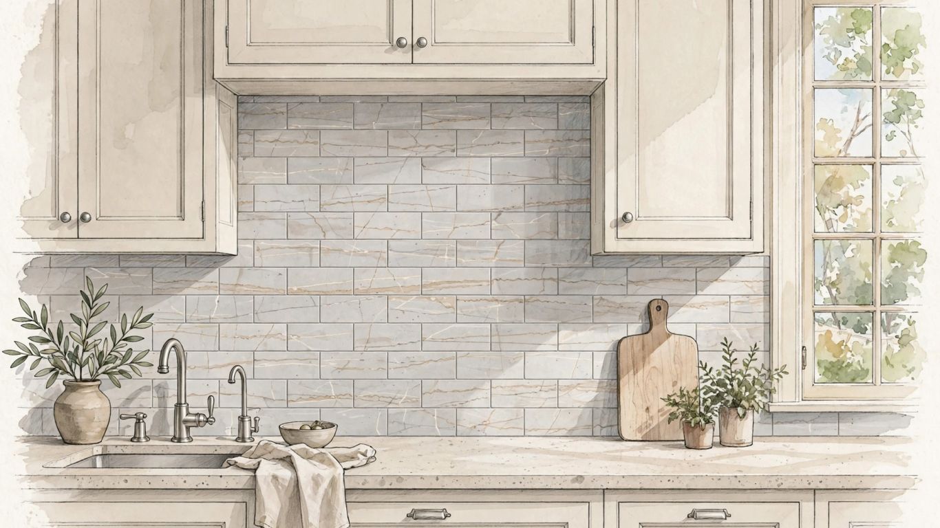Silver travertine backsplash in a bright kitchen
