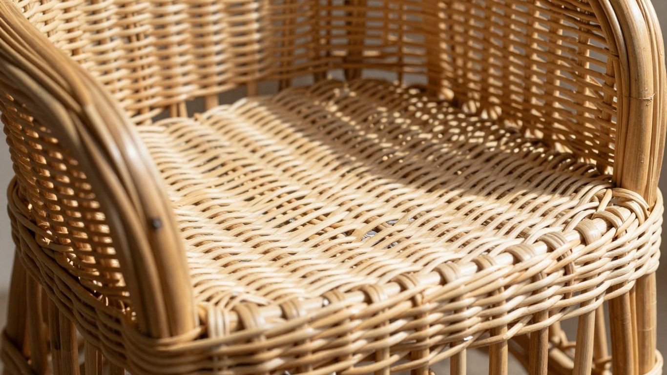 Close-up of woven rattan furniture texture and construction.