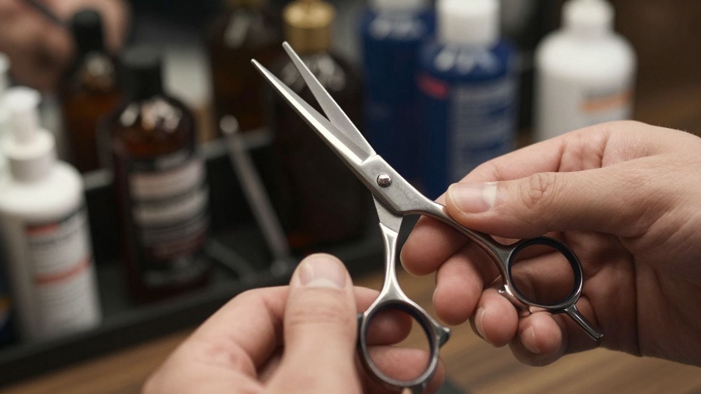 Barber holding professional scissors and tools.