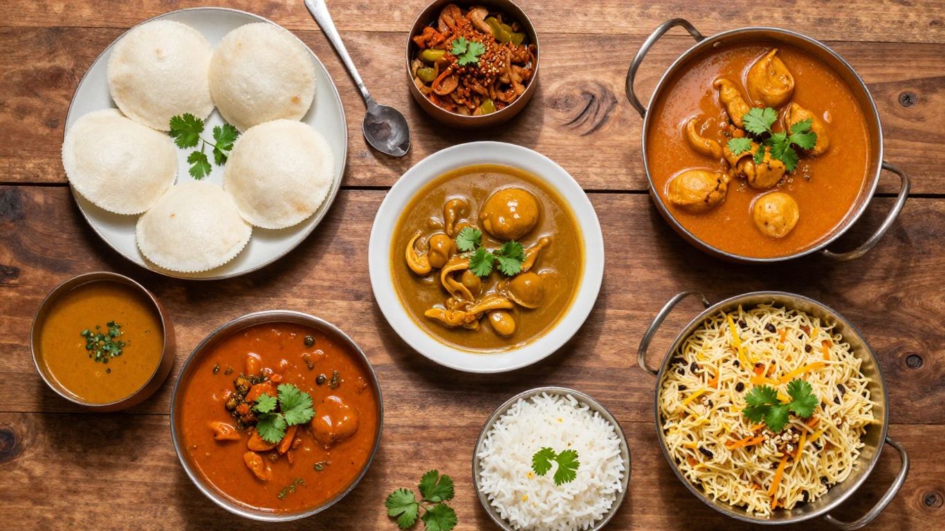 Healthy Indian breakfast spread with idli, dosa, poha, and upma.