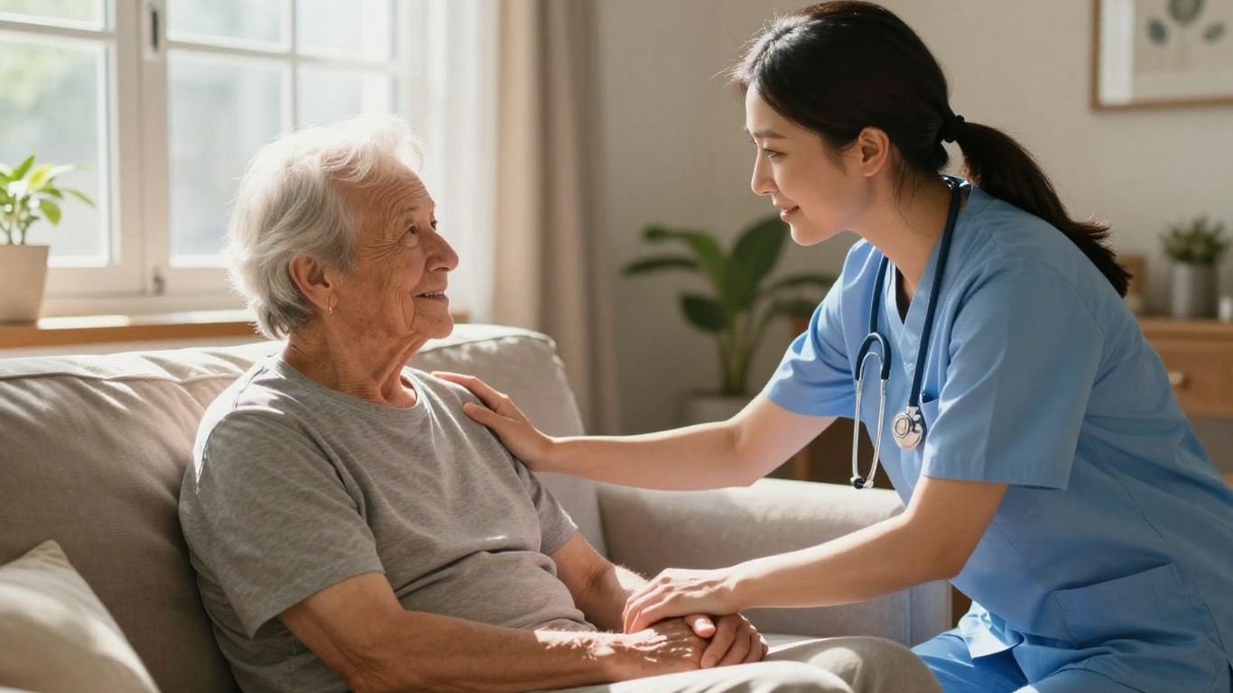 Nurse helping elderly patient at home.