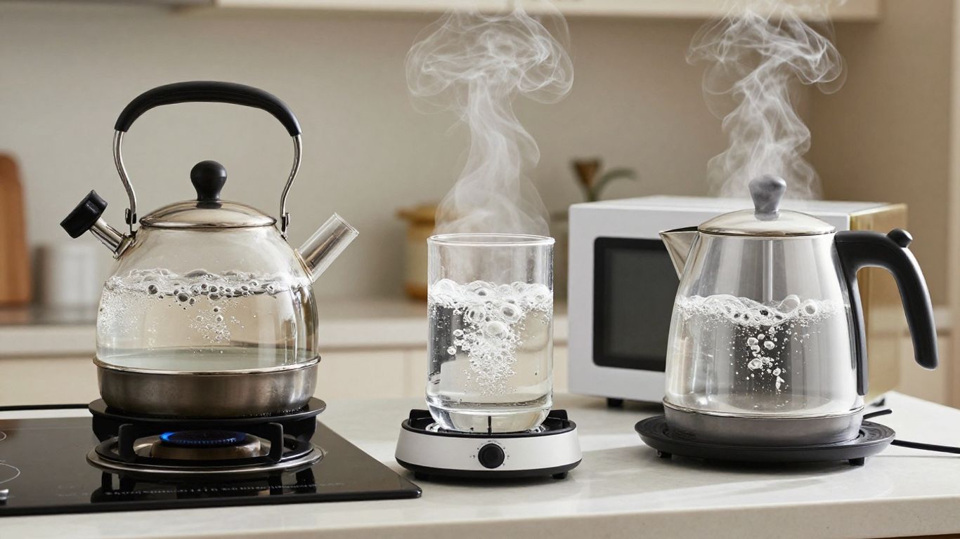 Bouilloire, micro-ondes et plaques chauffantes comparés.