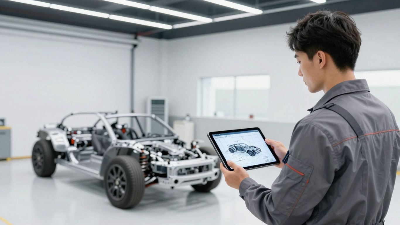 A mechanic looking at an EV parts catalog on a digital tablet
