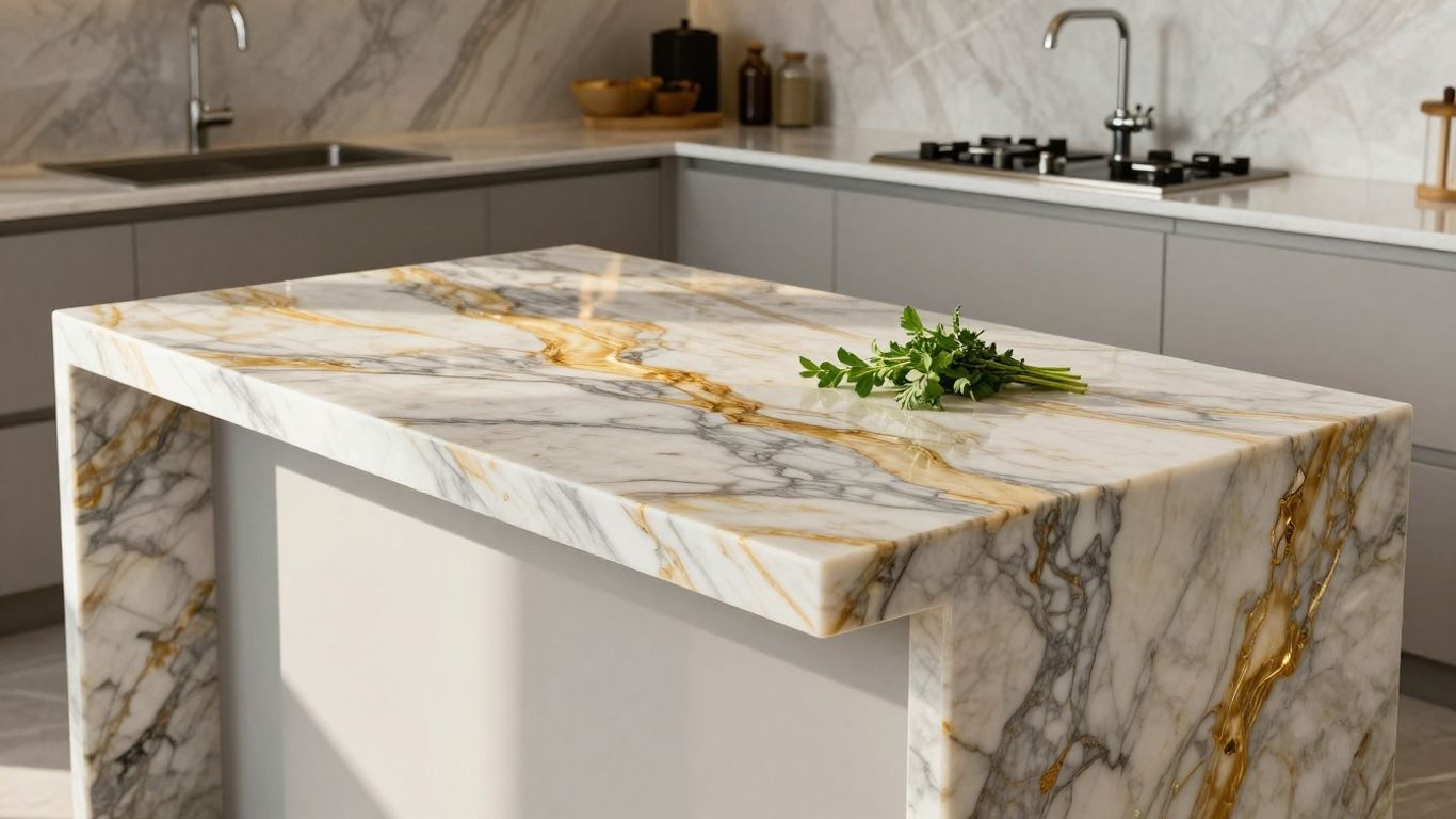 Calacatta Gold quartz kitchen countertop with elegant veining.