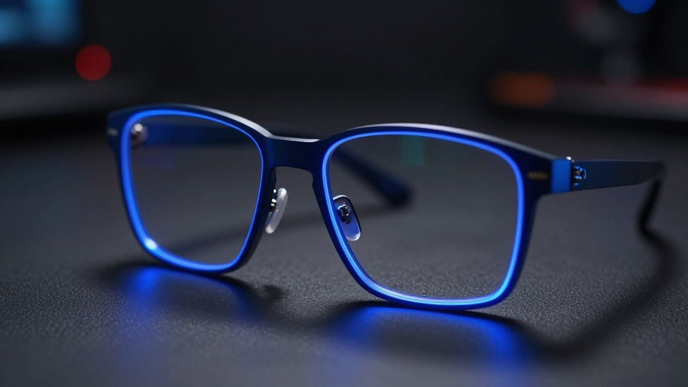 Óculos gamer com luz azul em superfície escura.