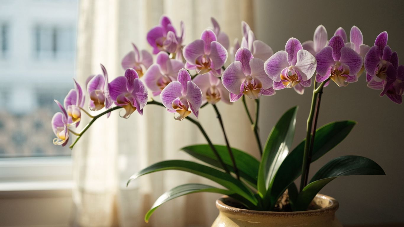 Purple orchids in a ceramic pot beside a sunny window