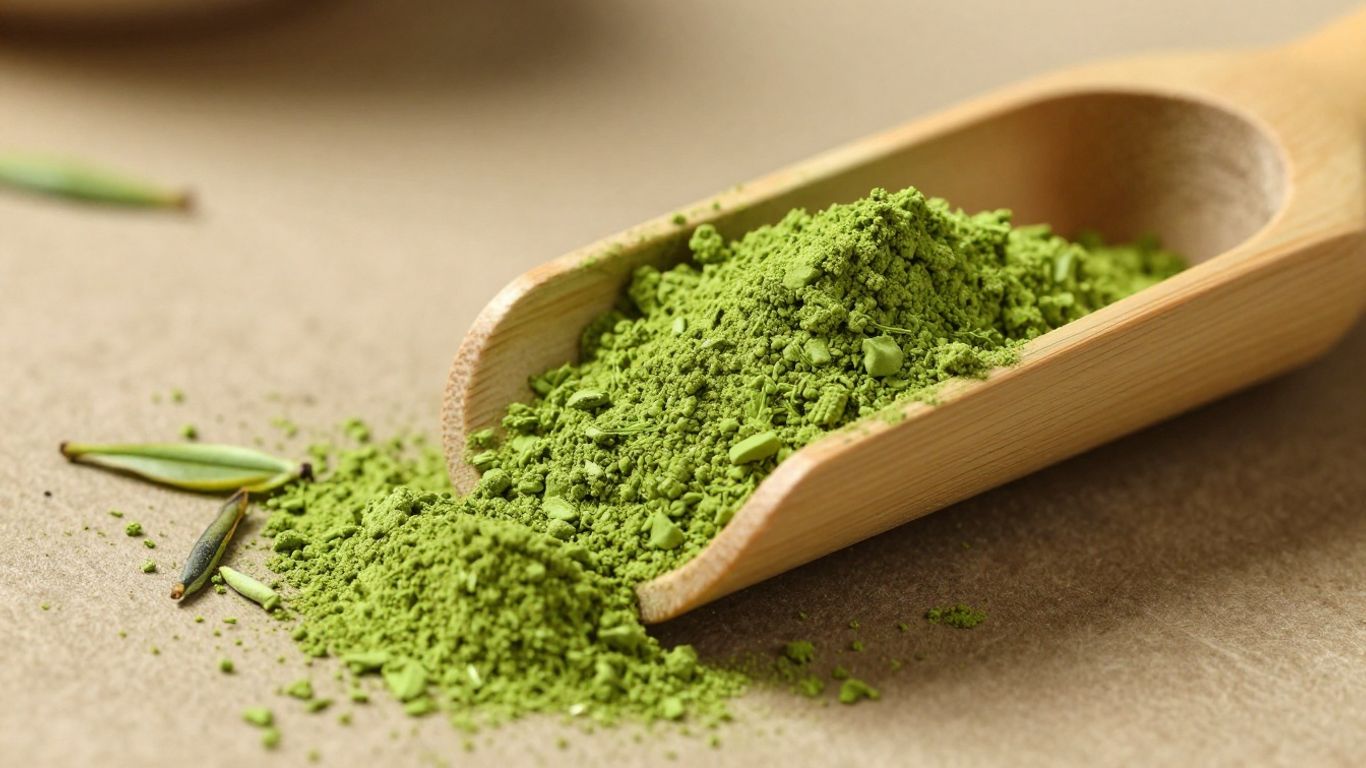Scoop of vibrant green matcha powder with scattered tea leaves.