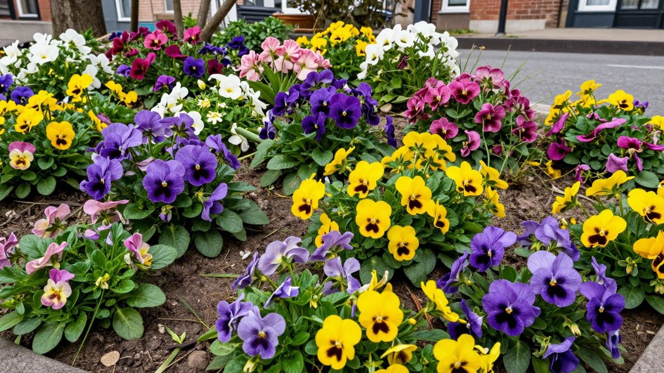 Bunte Frühlingsblumen im schattigen Stadtgarten blühen.