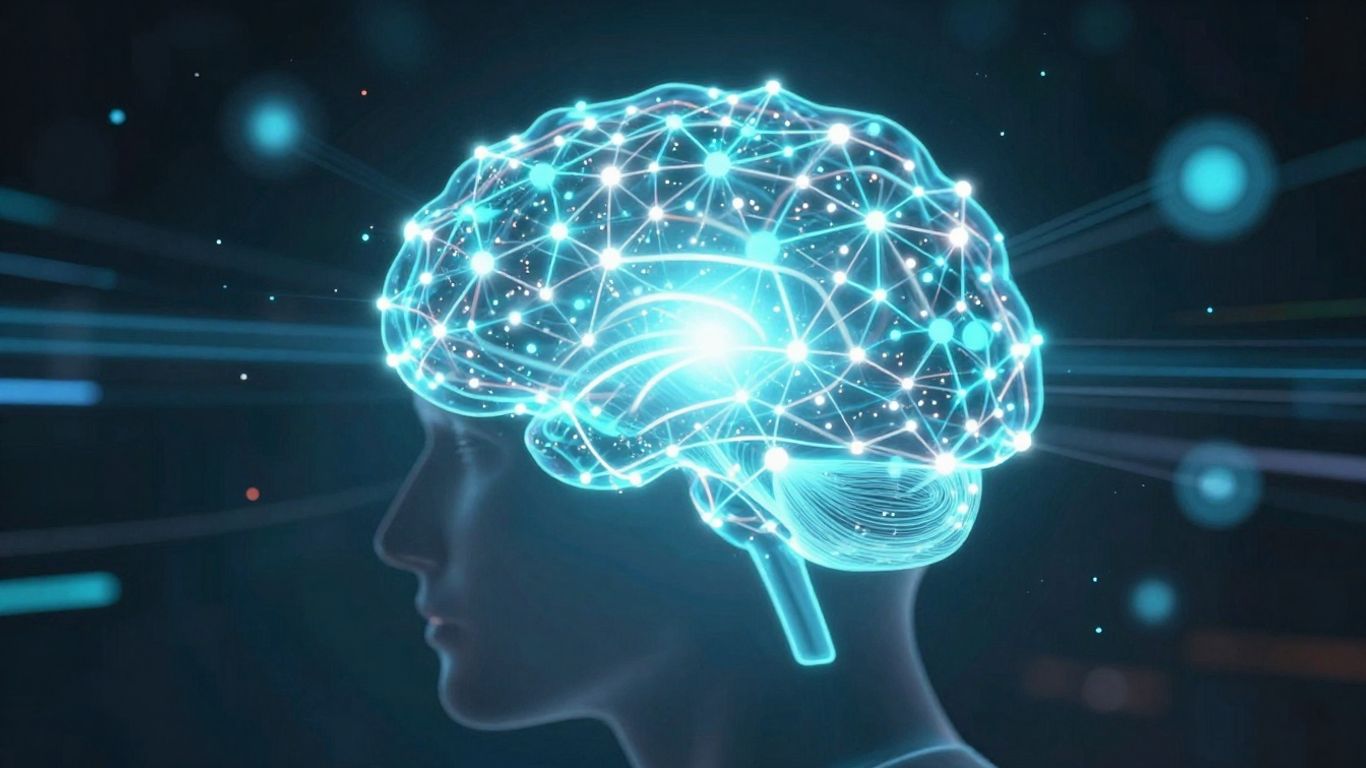 Digital brain with glowing connections and light streams.