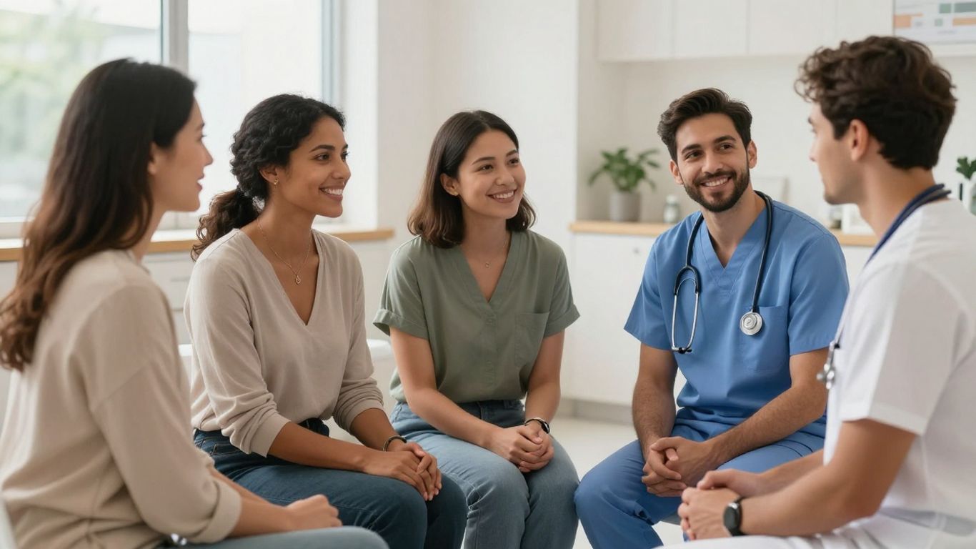 Medspa staff talking with diverse American patients about services.