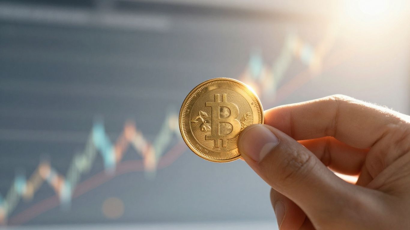 Golden coin held in hand, financial growth background.