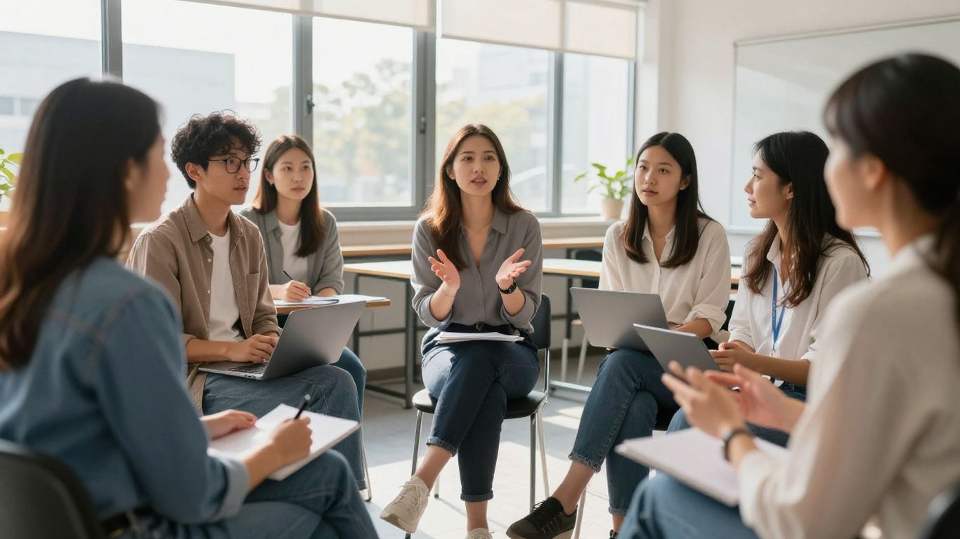 Professionals learning in a bright, modern classroom.