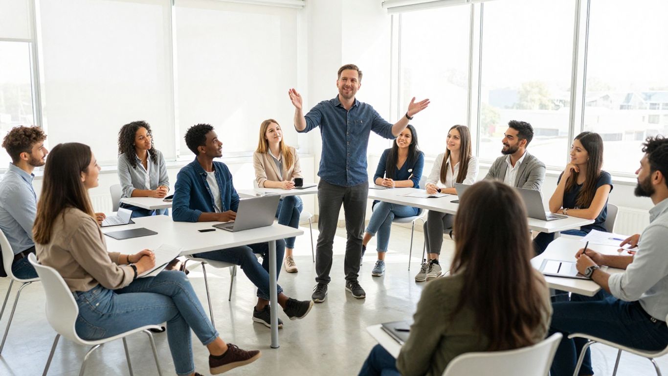 Personas sonriendo en un seminario gratuito.