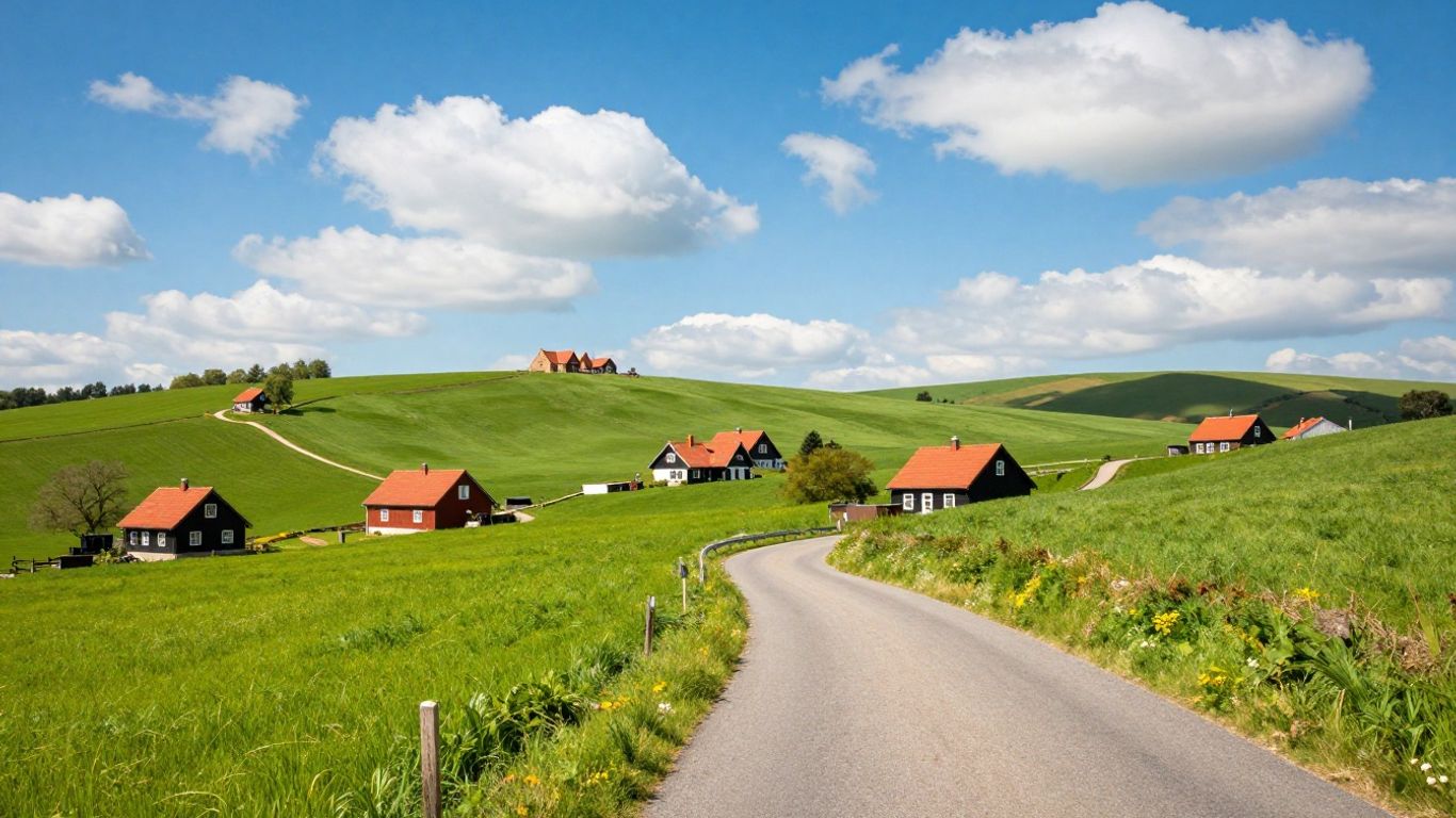Scenic road through rolling hills with farmhouses and Flemish architecture.