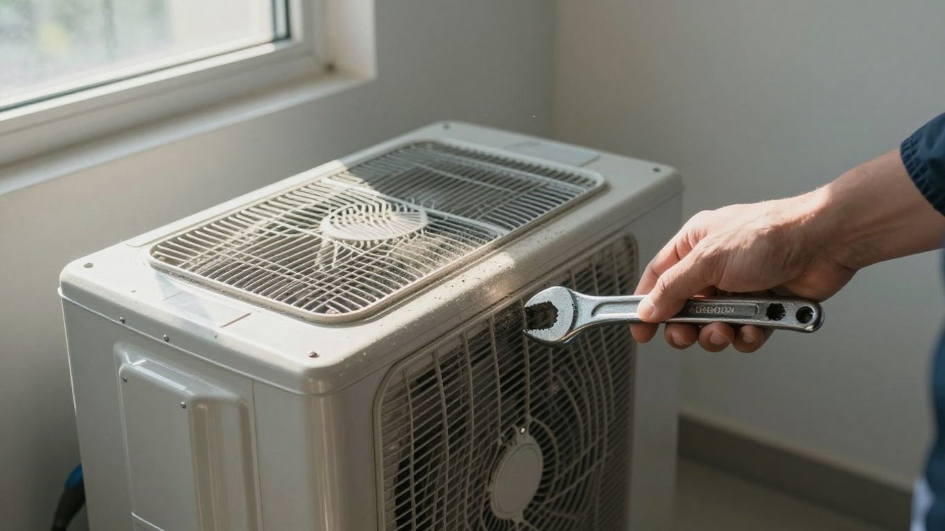 HVAC unit maintenance with technician and tools.