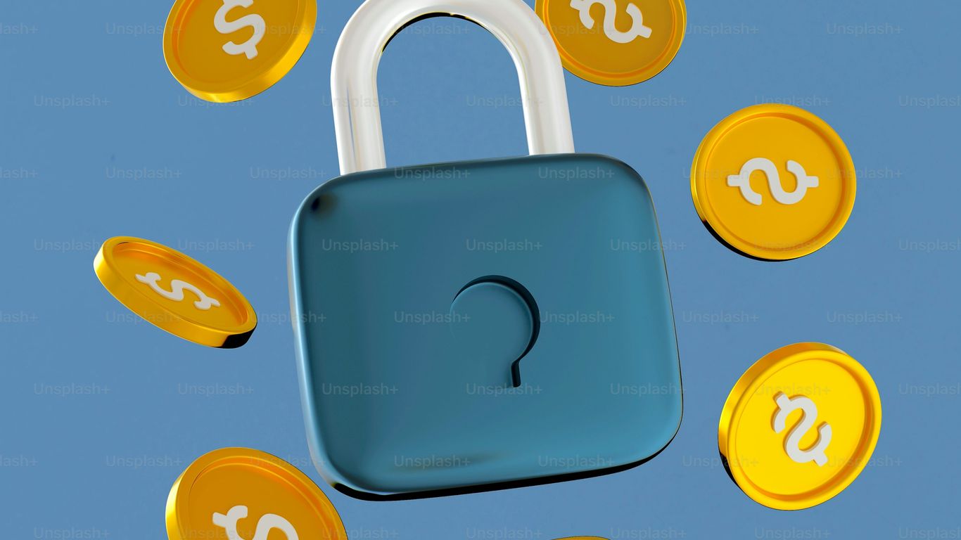 A padlock surrounded by coins representing security and finance.