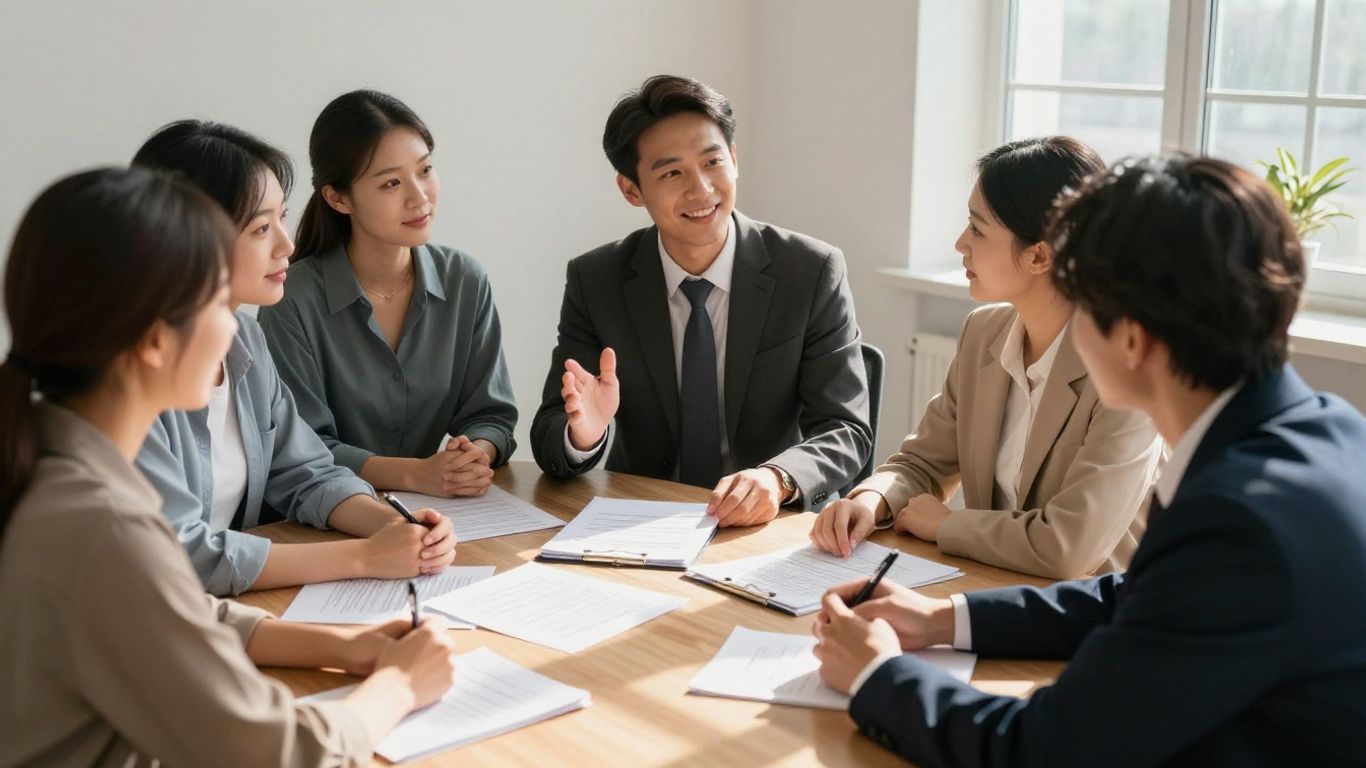 Immigration lawyer assisting diverse clients with legal documents.