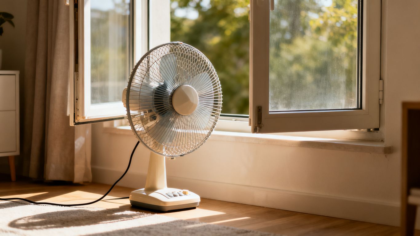 Ventilateur domestique posé près d’une fenêtre
