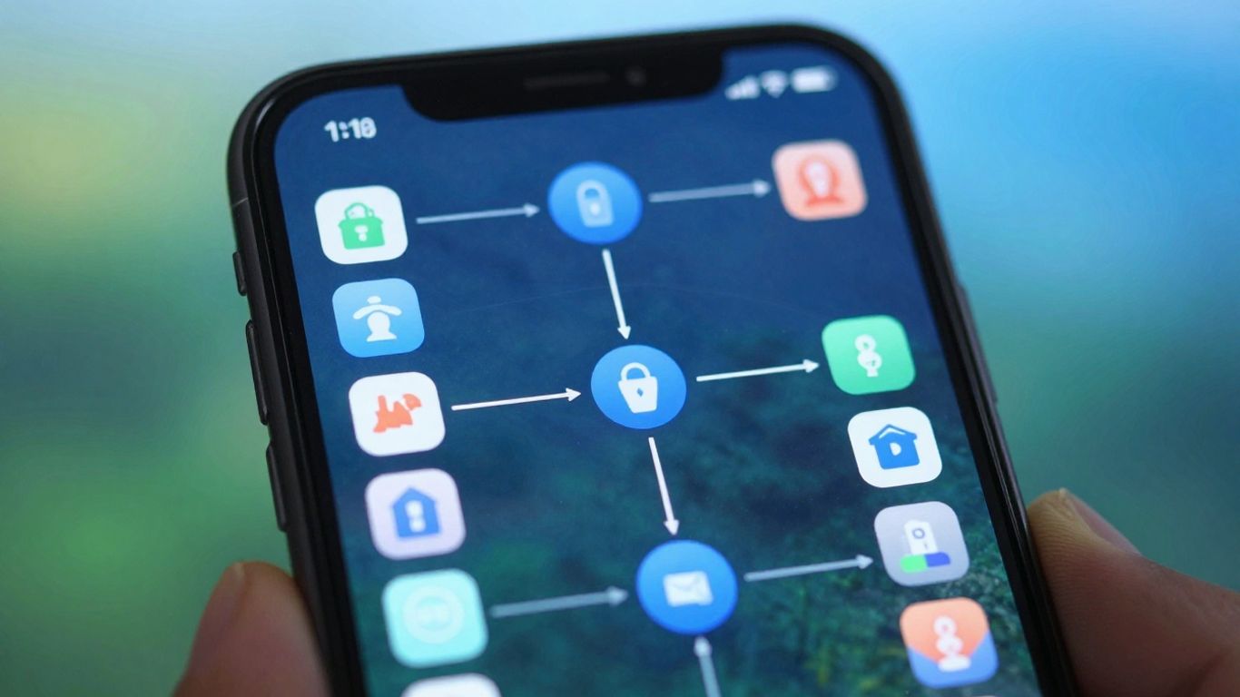 Smartphone com ícones de navegação e privacidade