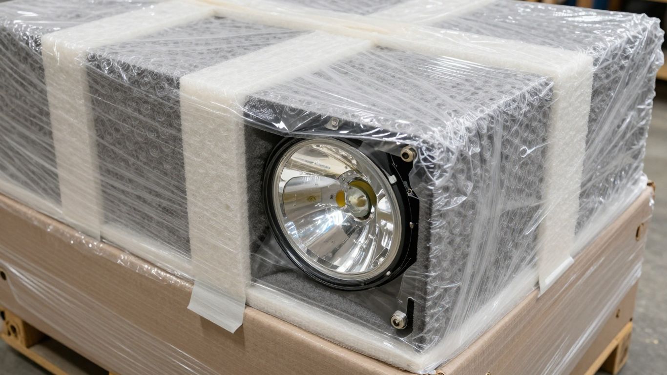 A securely wrapped headlight assembly ready for shipping