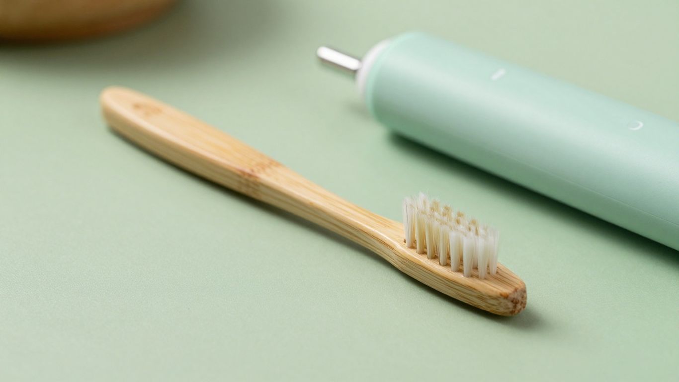 Bamboo electric toothbrush with green background.