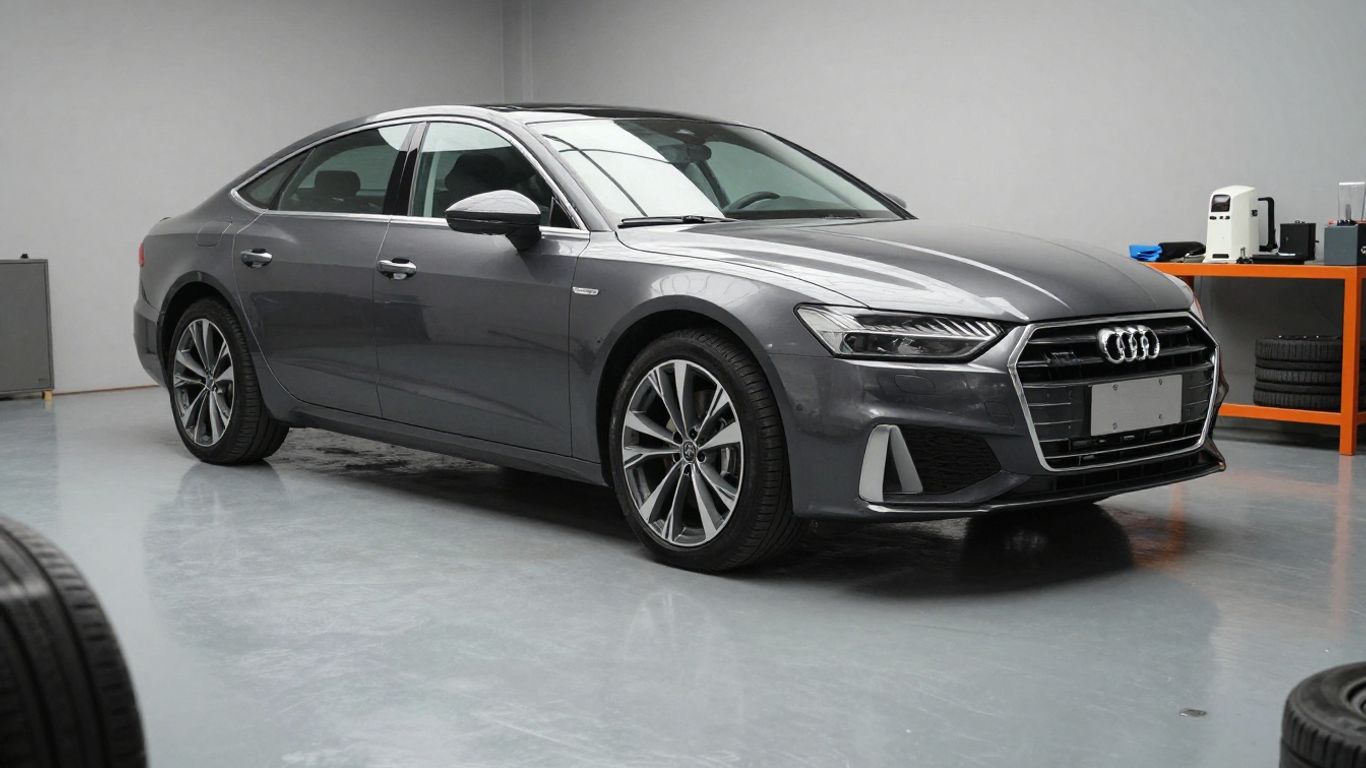 Audi parked unevenly beside a repair bay