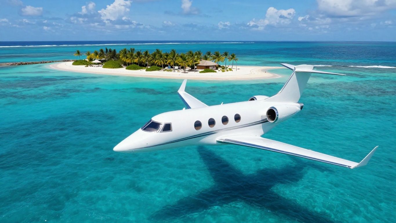Private jet flying over Bahamas ocean towards island.