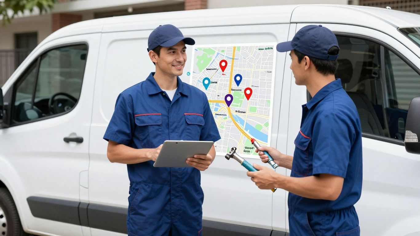 Plumber with tools beside van and city map pins