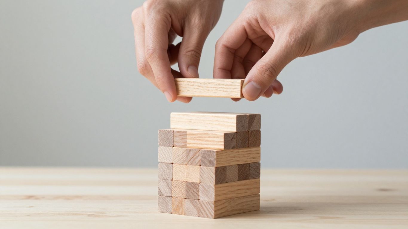 A hand placing a building block on a stack