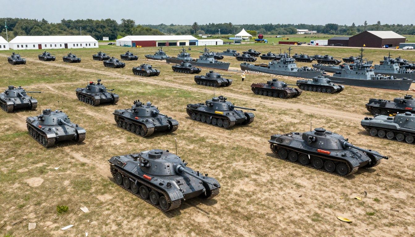 Tanques, aviões e navios de guerra de War Thunder reunidos em um campo de batalha realista