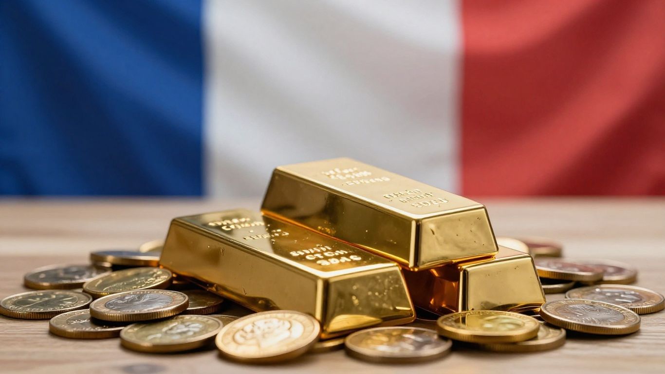 Gold bars and coins against a background of the French flag.