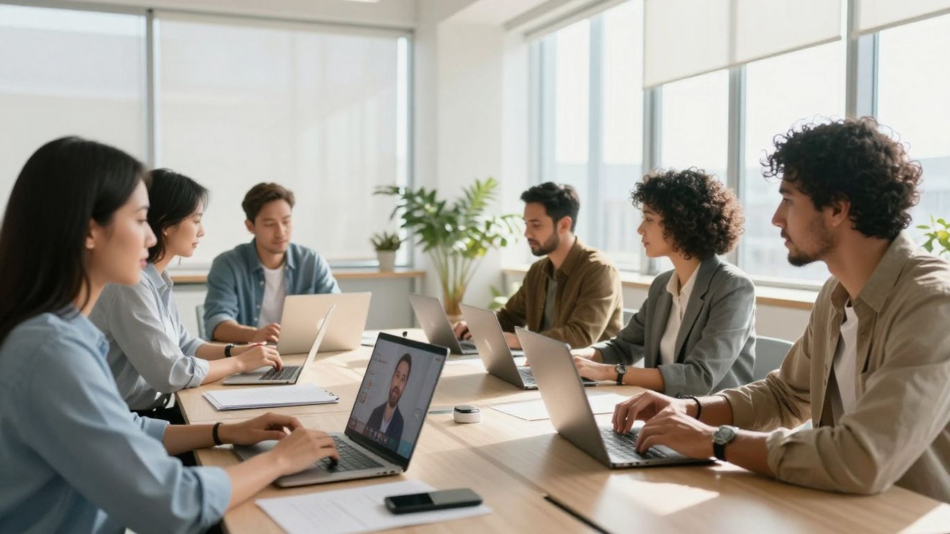 Professionals in a video conference meeting.