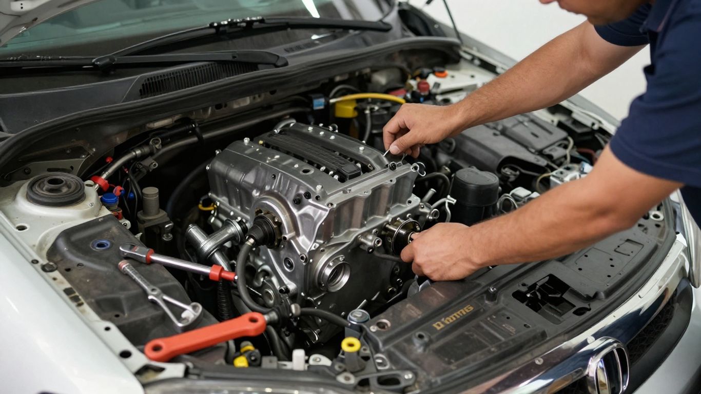 Mechanic installing a Honda engine in Melbourne.