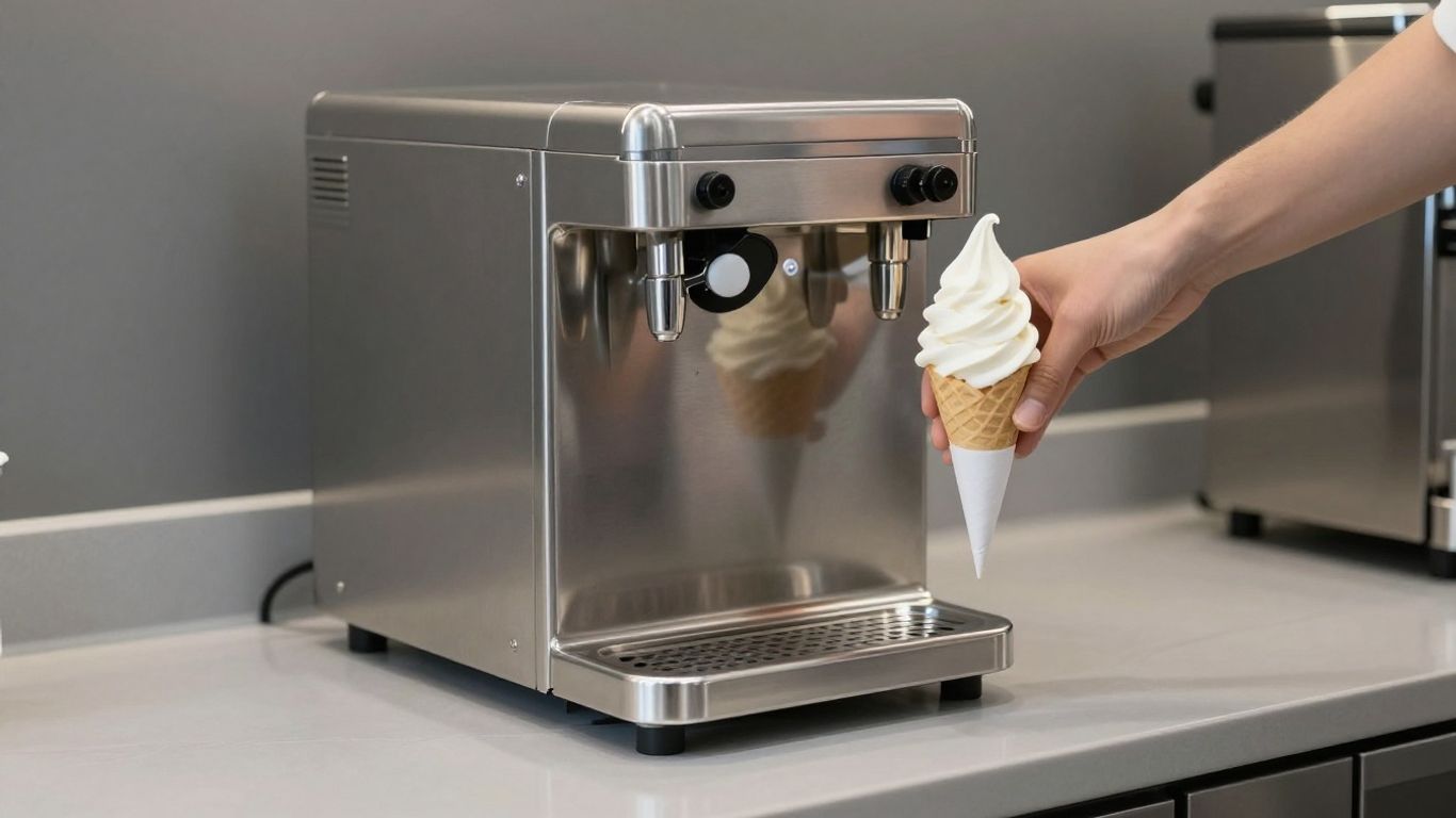 Commercial soft serve ice cream machine dispensing a cone.