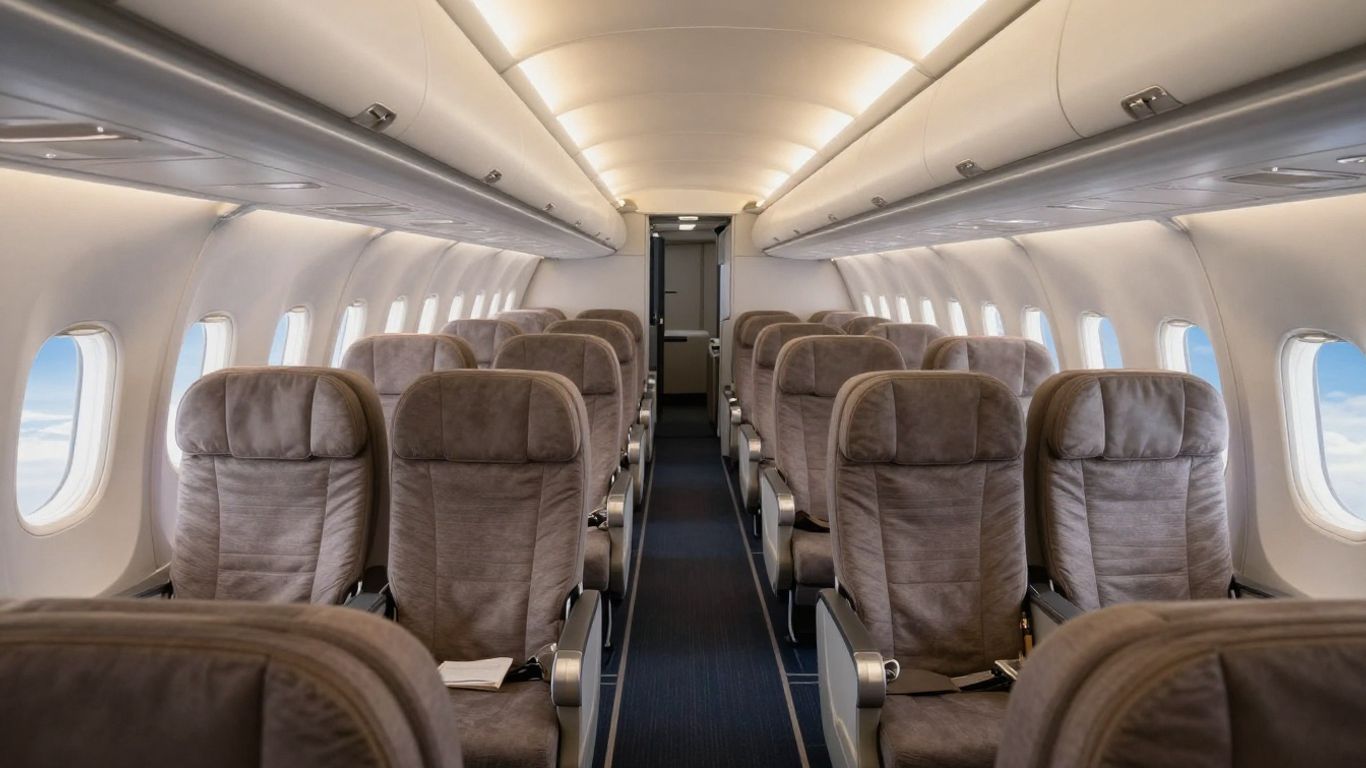 Interior of a JSX airplane cabin with comfortable seats.